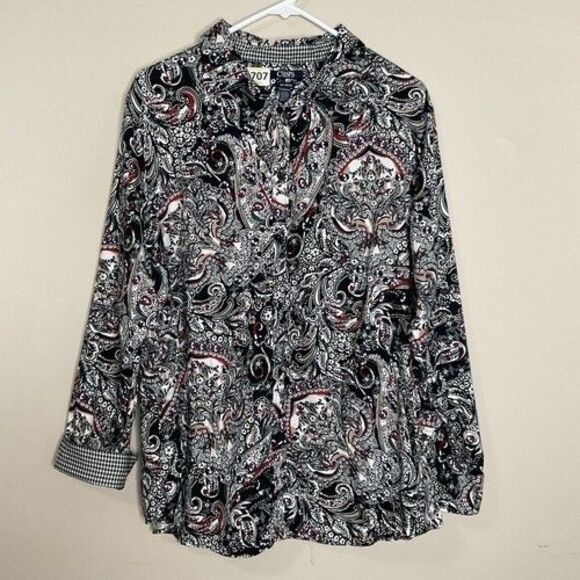 Chaps Black/White Multi Paisley Print No Iron Button Up Shirt Women Size 2X - Picture 1 of 10